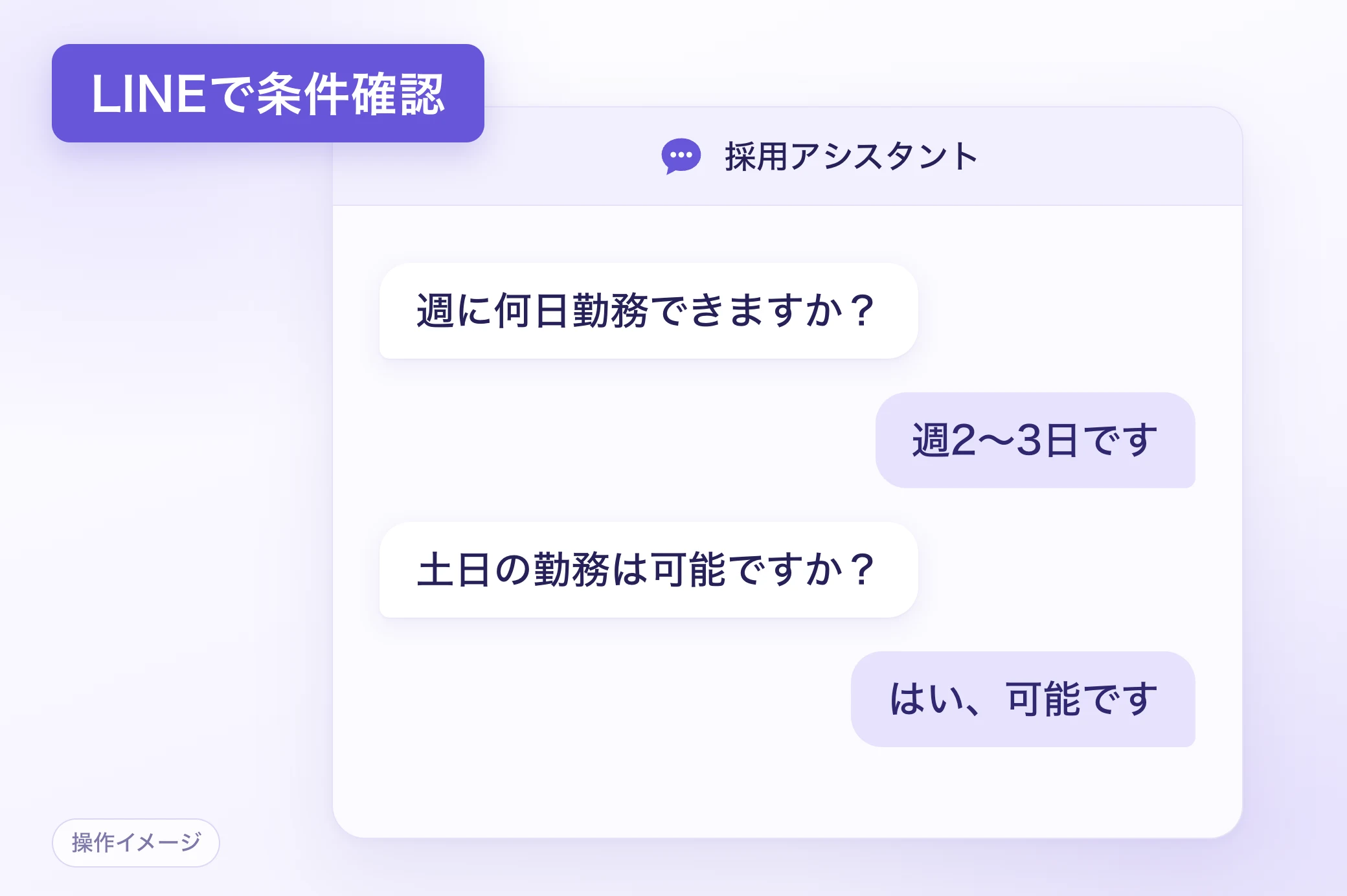 AIがLINEで勤務条件を確認し、面接日程の案内から予約完了まで進める操作イメージ
